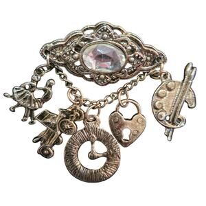 Vintage Artist Charm Brooch Dancer Painting Heart Clock Car